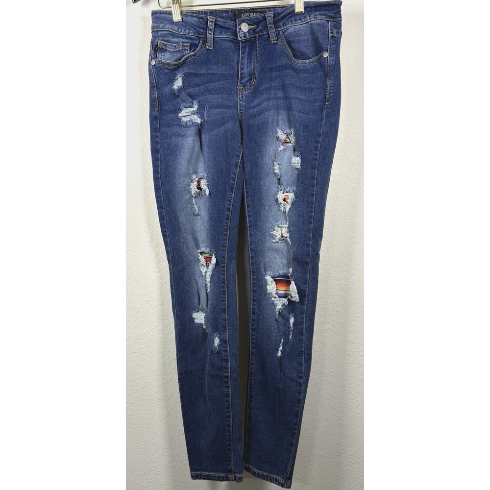 Judy Blue Serape Patch Distressed Skinny Fit Jeans Southwestern Boho‎ Denim 5/27